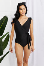 Load image into Gallery viewer, Full Size Float On Ruffle Faux Wrap One-Piece in Black