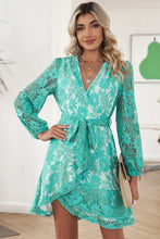 Load image into Gallery viewer, Pompom Trim Puff Sleeve Belted Lace Dress