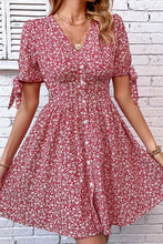 Load image into Gallery viewer, Ditsy Floral Tied Puff Sleeve Button Front Dress