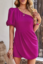 Load image into Gallery viewer, One-Shoulder Puff Sleeve Pleated Detail Romper
