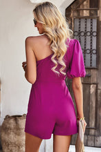 Load image into Gallery viewer, One-Shoulder Puff Sleeve Pleated Detail Romper