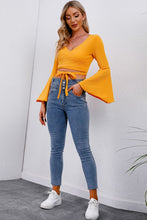 Load image into Gallery viewer, Tie Front Flare Sleeve Cropped Top