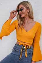 Load image into Gallery viewer, Tie Front Flare Sleeve Cropped Top