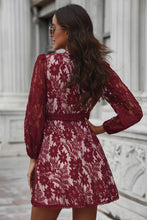 Load image into Gallery viewer, Pompom Trim Puff Sleeve Belted Lace Dress