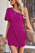 Load image into Gallery viewer, One-Shoulder Puff Sleeve Pleated Detail Romper