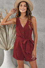 Load image into Gallery viewer, Tie-Waist Buttoned Plunge Sleeveless Romper
