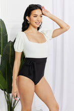 Load image into Gallery viewer, Salty Air Puff Sleeve One-Piece in Cream/Black
