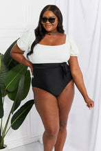 Load image into Gallery viewer, Salty Air Puff Sleeve One-Piece in Cream/Black
