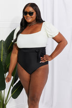 Load image into Gallery viewer, Salty Air Puff Sleeve One-Piece in Cream/Black
