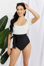 Load image into Gallery viewer, Salty Air Puff Sleeve One-Piece in Cream/Black
