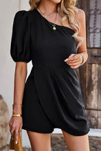 Load image into Gallery viewer, One-Shoulder Puff Sleeve Pleated Detail Romper
